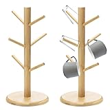 HOMURY 2 Stück Tassenhalter Tassenständer Holz Bambus Hölzerne Becherhalter mit 6 Haken, Baumbecherhalter Brezelhalter Tassenbaum Veranstalter Zubehör Tasse Rack Regal für Küchentheke Tabletop