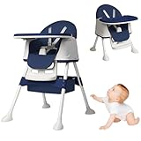 UISEBRT 3-in-1 Kinderhochstuhl, Klappbarer Baby Essstuhl mit Höhenverstellung, Verstellbarem Doppeltablett, Rollen und Abnehmbarem Sitz, Kombihochstuhl für Zuhause und Unterwegs, Blau
