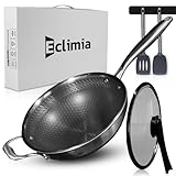 Eclimia Waben-Wokpfanne mit Deckel, mehrlagige Woks und Bratpfannen, kratzfest, Induktions-Wok, spülmaschinen- und ofenfest, Wabenwok mit starkem Griff, Deckel und 2 Spateln (24 cm)