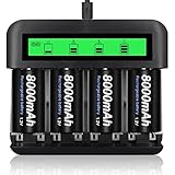 CITYORK 4 Stück D-Zellen 8000mAh wiederaufladbare Akkus mit 8 Steckplätzen NI-MH NI-CD Ladegerät für AA AAA CD Akku (Ladegerät und 4 Stück D Akku)