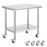 VEVOR Edelstahl Arbeitstisch Küche, 90 x 60 x 85 cm, professionelle Küchenplatte, Belastbarkeit 300 kg, Arbeitsfläche für Catering, 4 Räder für Restaurant, Schule
