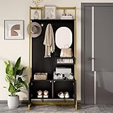 Moderne Garderobenset mit Spiegel, Metallhaken & Sitzbank | Multifunktionaler Kompaktgarderobe | Flurgarderobe 78 x 38.5 x 180.5(cm) | Garderobenschrank für kleine Räume, Flur & Eingangsbereich