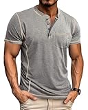 LAOARA T-Shirts Herren Henley Shirt Kurzarm V Ausschnitt Sommer Sport mit Tasche Knopfleiste Slim Fit Hemd Grau XL
