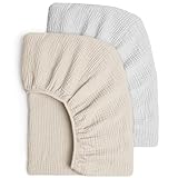 2er Set Kinder Spannbettlaken, Musselin-Baumwolle Spannbetttuch für Babybett und Kinderbett 60x120cm / 70x140cm Reisebett Spannlaken Beistellbett Leintücher (Grau Creme)