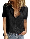 Yuson Girl Bluse Damen Sommer - Baumwolle Leinenbluse V-Ausschnitt Button-Down Hemdbluse Elegant Revers Kragen Blusehemd Einfarbig Bluse Kurzarm Basic Kurzärmeliges Shirt(Schwarz, XL)