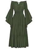 Damen Renaissance Corsagenkleid Elastisch Taille mit Tasche Lange Swing Ballkleid Olivgrün M
