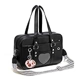 Chillpaper Große japanische Schul-Umhängetasche, Kunstleder-Tragetasche, Kuriertasche, Umhängetasche mit rosa Pompon-Streifen, A3 große Größe, schwarze Herz-Fenstertasche, Large, Kuriertasche