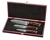 Wakoli EDIB 3er Damastmesser Set mit 8-17cm Klingen gefertigt aus 67 Lagen echtem Damaststahl mit Pakkaholzgriff in Holzbox I Premium Messerset Damast & Profi Kochmesser