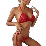 RNHGBB Durchsichtiges Dessous-Set aus Spitze für Damen, sexy Träger-BH und Panty-Sets für Damen-Outfits, Rot, Einheitsgröße 2–8