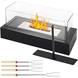 Gekufa Tisch-Feuerstelle mit vierseitigem Glas, Outdoor-Bioethanol-Tischkamine, kleine tragbare Indoor-Tisch-Feuerstelle mit Edelstahleinsatz & 4 ausziehbaren Grillgabeln, Geschenk für Heimdekoration