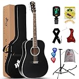 Winzz Schwarz Akustikgitarren 4/4, Anfänger Gitarren 41 Zoll mit Gitarrentkoffer, Stimmgerät, Gurt, Plektren, Extra Saite und Gitarrenständer