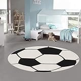 Teppich-Traum Kinderteppich rund Fußball 3D-Effekt schwarz weiß weich Kinderfreundlich, 120 cm Rund