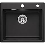 Auralum Spülbecken Schwarz 50 x 45 cm, Granit Spüle Schwarz Küchenspüle, Waschbecken Küche mit Siphon Ab- und Überlaufgarnitur, Granit Einbauspüle klein geeignet für 50 cm breite Unterschränke