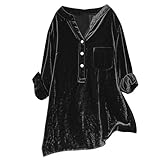 Damen-Sweatshirt, lang, V-Ausschnitt, Sweatshirt, ohne Kapuze, Samt, goldfarben, Oberteil, Langarm, Hemd mit Knopf und Tasche, Top, Alltag, lässig, Tunika, warm, Sweatshirts, Schwarz , X-Large