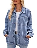 Vanchenl Damen Retro Casual Denim Jacke Oversized Knopf Oben Langarm Lose Revers Gewaschene Denim Shacket Mantel Hellblau L
