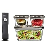 CASO Vacu OneTouch Eco-Set, Handvakuumierer inkl. 3 Vakuumbehälter aus Glas, 10 ZIP-Beutel und Food Manager Sticker, kabellos, bis zu 150 Minuten Laufzeit, aufladbar, Schwarz