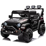 Kinder Elektroauto mit Verbesserter Akku 12V 7AH, Kinder Elektrofahrzeuge 3-Gang - 2 Betriebsmodi mit 2,4G-Fernbedienung, LED-Lichter, Bluetooth, Sicherheitsgurten für Kinder von 1-8 Jahren (Schwarz)