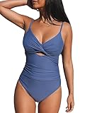 CUPSHE Damen Badeanzug V Ausschnitt Crossover Zierausschnitten Bauchweg Raffungen Einteilige Bademode Swimsuit Blau M
