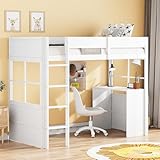 OKMYHOME Hochbett 90 x 200 cm – Kinderbett mit sicherer Treppe und integriertem Schreibtisch, Metallstruktur und MDF-Holz, 2 Pakete, Weiß