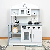 Spielküche Ella, Grau, mit 11-TLG. Zubehör, Holzküche für Kinder ab 3 Jahren, Kinderküche mit Mikrowelle Kochgeschirr, 2 Herdplatten, herausnehmbares Spülbecken, Küche mit Küchenzubehör