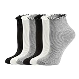 AKAMAS 6 Paar Damen Spitzen Rüschen Socken,Weiche Atmungsaktive Baumwollsocken,Wendemanschetten,Wellensocken,Solid Kurzsocken Knöchelsocken Sneakersocken für Frauen Mädchen D