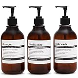 MaisoNovo Shampoo Flaschen zum befüllen - Duschgel Spender - 500-ml-Set mit 3 bernsteinfarbenen Plastikflaschen und schwarzen Pumpen