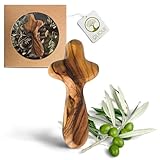 OLIQUE Kreuz aus Olivenholz - Handgemachter Handschmeichler als Geschenk zur Geburt, Taufe Kommunion und zur Firmung (Ohne Gravur)