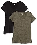 Amazon Essentials Damen Active Quick Dry Tech Stretch Kurzarm-T-Shirt mit V-Ausschnitt (in Übergröße erhältlich), 2er-Pack, Olivgrüner Weltraumfarbstoff/Schwarz, L