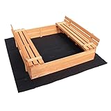 Wiltec Sandkasten mit Deckel 2 Sitzbänke 98 x 98 x 21 cm, Sandkiste aus Holz mit klappbaren Bänken, Sandkasten mit Abdeckung, Sandbox mit Vliesboden