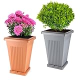 GarPet Pflanzkübel Groß Pflanzkübel Außen Blumenkübel Pyramide Übertopf groß Outdoor Pflanztopf Pflanzkasten Blumentopf mit Untersetzer Rechteckig 60 (grau)