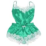 Zegeey Damen Dessous Lace Einfarbig Weich Bequem Camisole Kurze Hosen UnterwäSche Set NachtwäSche Sleepwear Nachthemd Nachthemden Negligee(A-Grün,L)