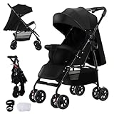 Magic ZC Ultraleichter Kinderwagen mit nur 4,6 kg, Buggy für Babys bis 15 kg, Reisebuggy mit Verstellbarer Liegeposition, Kompakter, Tragbarer, Zusammenklappbarer Kinderbuggy mit Zubehör (A8 Black)