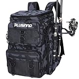 PLUSINNO Angelrucksack mit Rutenhaltern, 42 l, groß, wasserabweisend, für Angelausrüstung, Angelausrüstung für Angeln, Camping, Wandern, Angeln, Geschenke für Männer, Vater, Schwarz Camo