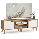 VASAGLE TV-Schrank, Lowboard, Fernsehschrank mit Verstellbarer Ablage, für Fernseher bis zu 65 Zoll, 147 cm lang, Übergangsstil, Fernsehtisch, Wohnzimmer, natureichenfarben-cremeweiß LTV566Y01