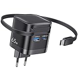 USB C Ladegerät 65W 3 Port Netzteil Schnellladegerät mit Einziehbarem Kabel, Tragbar GaN Power Adapter für MacBook Pro/Air, iPhone 16-8 Serie, für Samsung Galaxy S25/S24/S22, iPad, Laptop, Handys