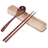 HOODANCOS Tragbares Holz besteck set mit Löffel und Essstäbchen Japanisches Design Kunstvolle Gravur Wiederverwendbar Umweltfreundlich für Camping Picknick und Reisen Inklusive Etui