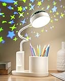 TechKen Schreibtischlampe Kinder, LED Nachttischlampe Tischlampe Dimmbar Helligkeitsstufen Wiederaufladbare Deraufladbare Lampe Schwanenhals Tischlampe Studienlampe mit Stifthalter Stern Projektion