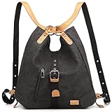 KONO Damen Rucksackhandtaschen Rucksack Canvas Handtasche 2 in 1 Vintage Damen Umhängetasche Verstellbare Schultergurte für Alltag Büro Schule Ausflug Einkauf(Schwarz)
