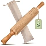 Praknu Nudelholz Teigroller mit Messskala und Tasche - Antihaft Holz mit Metallachse zum leichten Ausrollen - 42cm Groß