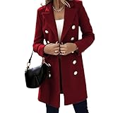Winterjacken für Damen, zweireihig, mittellang, Trenchcoat, lange Reversjacke, Oberbekleidung, dicker, warmer Wollmischmantel, Weinrot, XX-Large