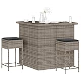 Teenpull 3-TLG. Gartenbar-Set mit Kissen, Grau Poly Rattan Outdoor Möbel, Balkon Tisch & Stühle, UV-beständig, 100x50x105 cm