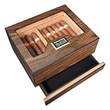 Volenx Humidor Cigars, Cedar Wood Humidor with Hygrometer and Humidifier, Handmade Cigar Humidor with Accessory Drawer for 25-30 Cigars, Black Walnut Wood Grain (No Cigar)