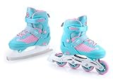 SMJ Lily Kinder Mädchen Set 2in1 Inliner/Schlittschuhe VERSTELLBAR | ABEC-7 Rollschuhe | Inlineskates umbaubar zu Eislaufschuhe | Türkis/Rosa (M (34-37))