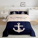 Castle Fairy Bettwäsche-Set mit nautischem Thema, Queen-Size-Größe, 3-teilig, Retro-Anker-Silhouette, Segelboot, Seil-Bettwäsche-Set für Kinder, Teenager, Erwachsene, schlichtes marineblau, beige,