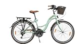 LUCHS 28' Zoll Feline Hollandrad MIT RATTANKORB – Hollandrad, Cityrad mit 21 Gängen & Rattankorb, Damenfahrrad/Cityrad/Holland 50cm Rahmenhöhe // Minzgrün