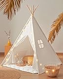 Tiny Land Tipi Zelt für Kinder, Drinnen und Draussen Spielzelt Mit Gepolsterter Decke, Lichterkette & Aufbewahrungstasche - Segeltuch Kinderzelt, Spielhaus