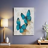 Türkis Kunstdruck Leinwandbild Ölgemälde Schmetterling 30 x 20 cm Modernes Wandbild Poster Gerahmt Aufhängefertig Dekoration für Wohnzimmer Schlafzimmer Küche Badezimmer