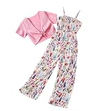 XINYUNZU Jumpsuit Teenager Mädchen Lang Ärmellos mit Bolero Kurzarm Mode Sommeroutfit Chiffon Spaghetti Träger Hosenanzug Blumen Kinderkleidung Klamotten für 13-16 Jahre Sale Angebote Rosa 13 Jahre