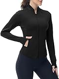 YSENTO Damen Sportjacke Laufjacke Funktionsjacke Wanderjacke Leicht Langarm Yoga Gym Sport Oberteil Atmungsaktive mit Daumenloch(Schwarz,M)
