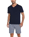 Bresdk Schlafanzug Herren Pyjama Set Kurz Baumwolle Sommer Nachtwäsche Hellblau XL
